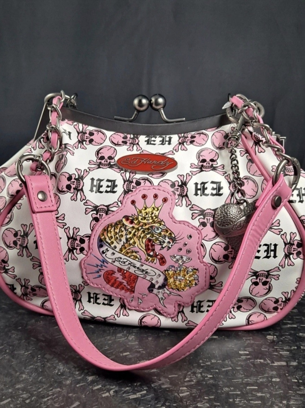 Ed Hardy Pink & White Leopard Crest Kiss-Lock Satchel